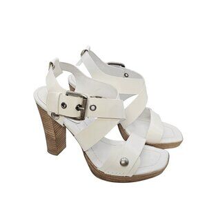 Nine West White Patent Leather Strappy High Heel Sandals with Buckle. Size 6M